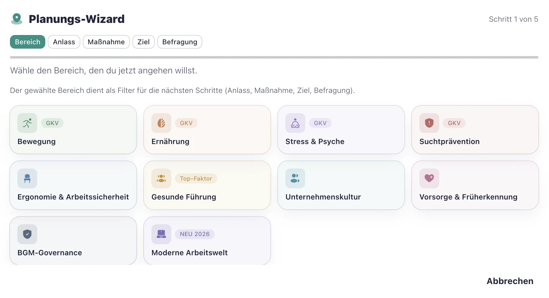 Planungs-Wizard Schritt 1 – Bereich wählen